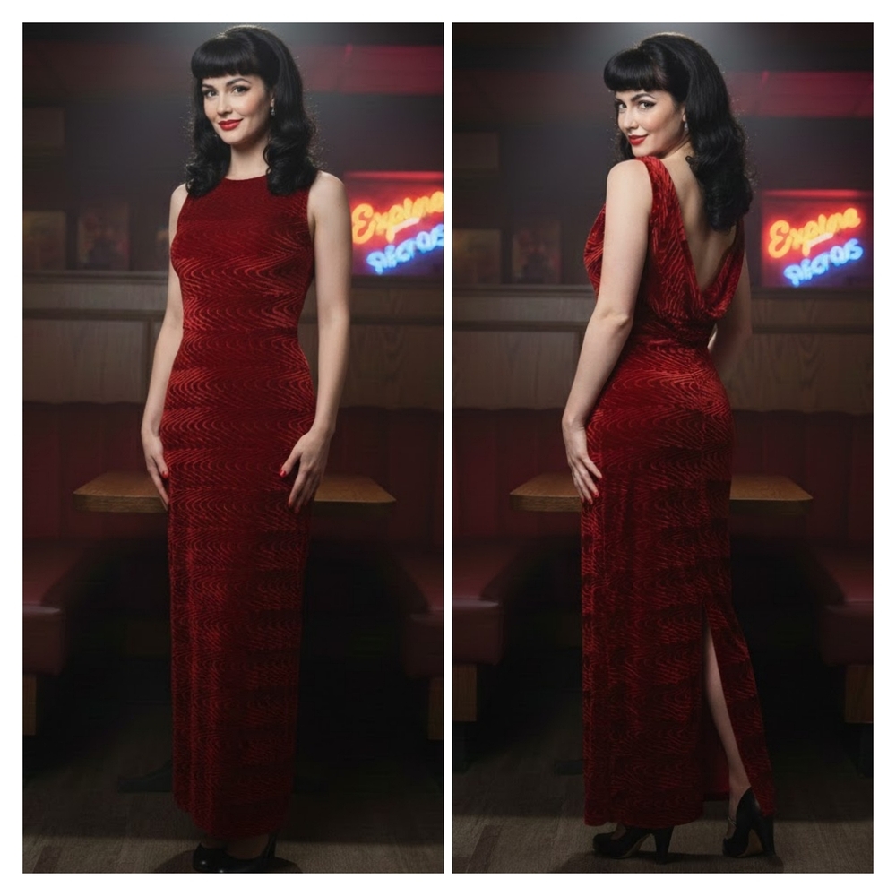 Vintage Algo Red Velour Drape Back Maxi Dress Size 6